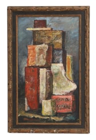 Signed and Dated Abstract Vertical Still Life Oil on Board