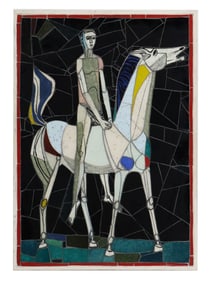 Curt Lessig (1924-2019) German, Stained Glass Mosaic Tile Panel of Traveler on Horseback