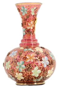 Moser Style Cranberry Enameled Glass Vase