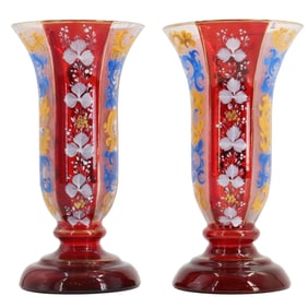 Pair of Bohemian Enameled Ruby and Clear Glass Vases
