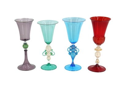 (4) Italian Murano Multi-Colored Art Glass Goblets, Alfredo Barbini and Carlo Tosi Caramea