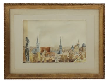 Mid-Century Signed German Watercolor on Paper Landscape of Ochsentfurt