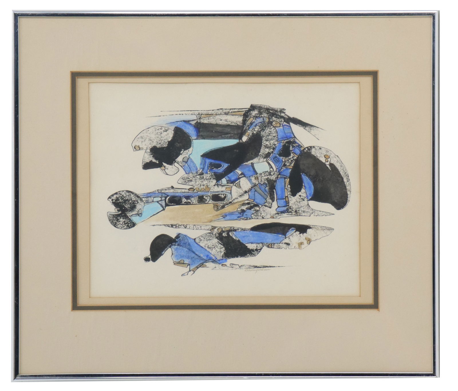 Signed Baumgartner (20th Century) German, Watercolor on Paper Blue and White Contemporary Abstract: Signed Baumgartner (20th Century) German, Watercolor on Paper Blue and White Contemporary Abstract. Signed bottom middle. Framed. Overall Size: 16 1/4 x 18 3/4 in.Sight Size: 9 1/2 x 11 3/4 in.