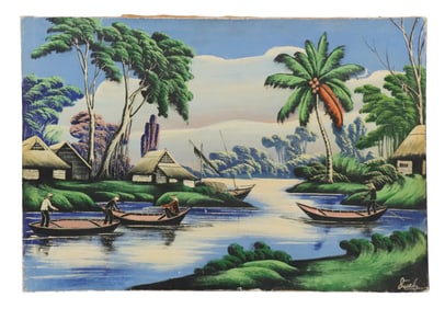 Signed Vietnamese Oil on Canvas Landscape Painting