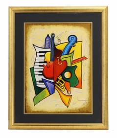 Yuri Nikiforov (20th Century) Russian, Modern Cubist Lithograph Print "Musical Instruments"