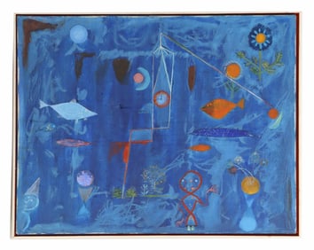 In the Style of Paul Klee Oil on Canvas Surrealist Underwater "Fish Magic"