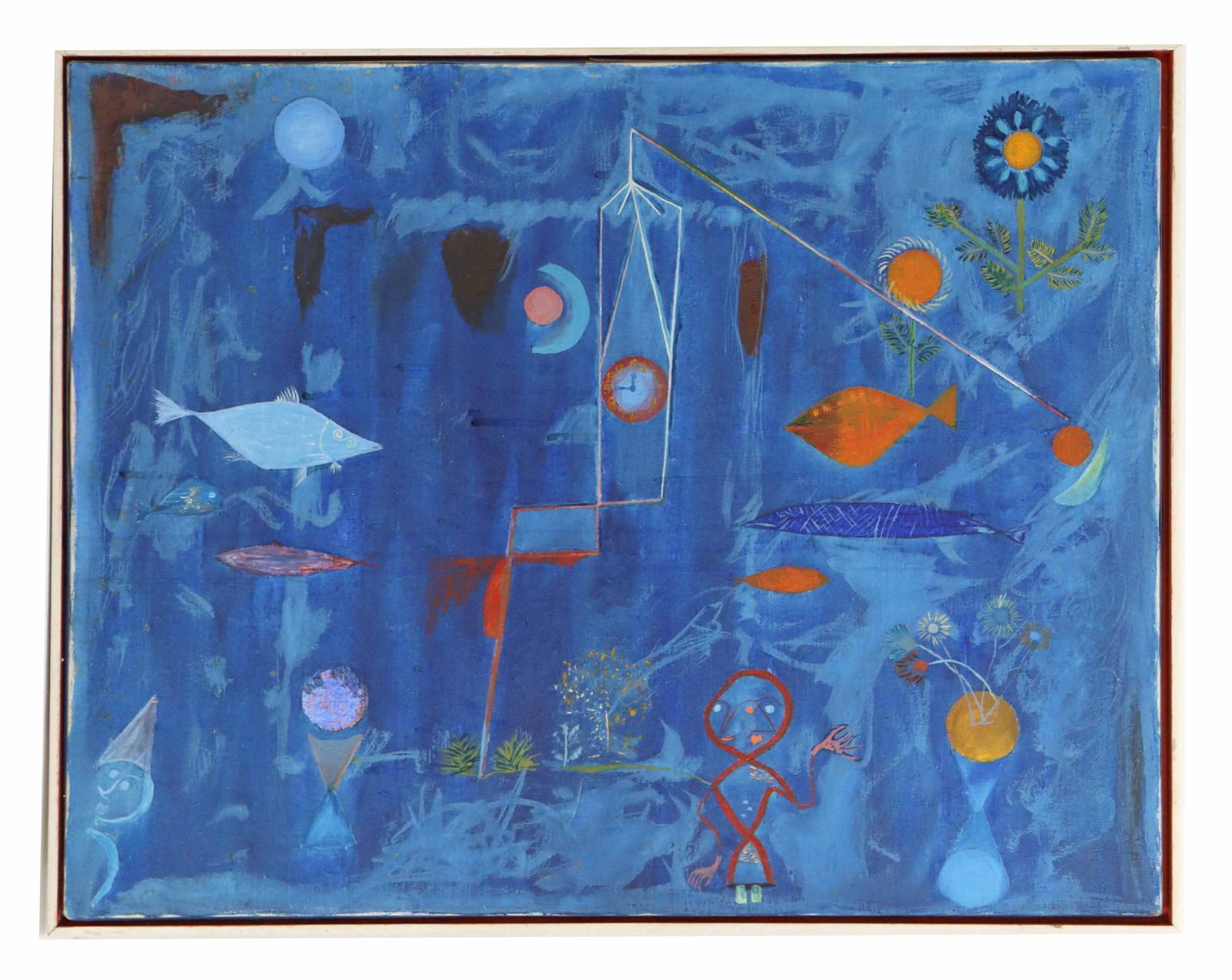 In the Style of Paul Klee Oil on Canvas Surrealist Underwater "Fish Magic": In the Style of Paul Klee Oil on Canvas Surrealist Underwater "Fish Magic". Surrealist oil painting based on Paul Klee's "Fish Magic", featuring a vibrant blue, textured background populated by whimsi