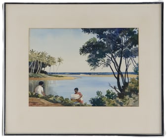 John L. Raeburn, 20th Century New Zealand, Watercolor, "Washing Day - Fiji"