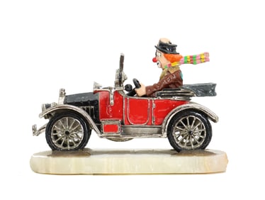 Ron Lee (1947-2017) American, Hand Painted Pewter and Onyx Statuette of Clown in Car