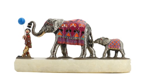 Ron Lee (1947-2017) American, Hand Painted Pewter and Onyx Circus Sculpture "Leading the Way"