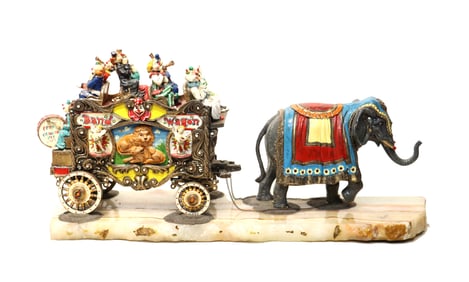 Ron Lee (1947-2017) American, Hand Painted Pewter and Onyx Circus Sculpture "Band Wagon"