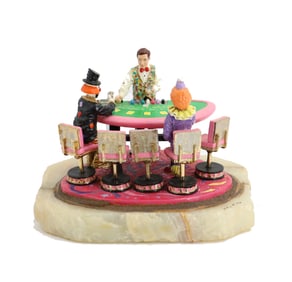 Ron Lee (1947-2017) American, Hand Painted Pewter and Onyx Statue, "Clowns Playing Poker"