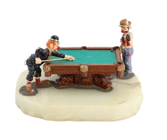 Ron Lee (1947-2017) American, Hand Painted Pewter and Onyx Statue "Hobo Clowns Playing Pool"
