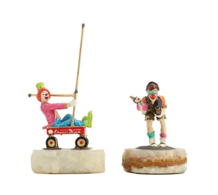 (2) Ron Lee (1947-2017) American, Hand Painted Pewter and Onyx Clown Statues, "Sailin'" and "The