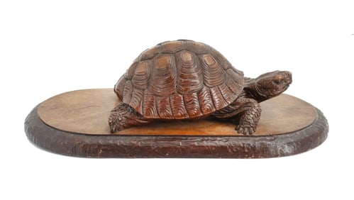 Carved Wooden Turtle Sculpture on Display Plaque