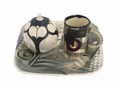 (3) Handmade Signed Pottery Tea Serving Set - Mug, Sugar Bowl, Serving Tray