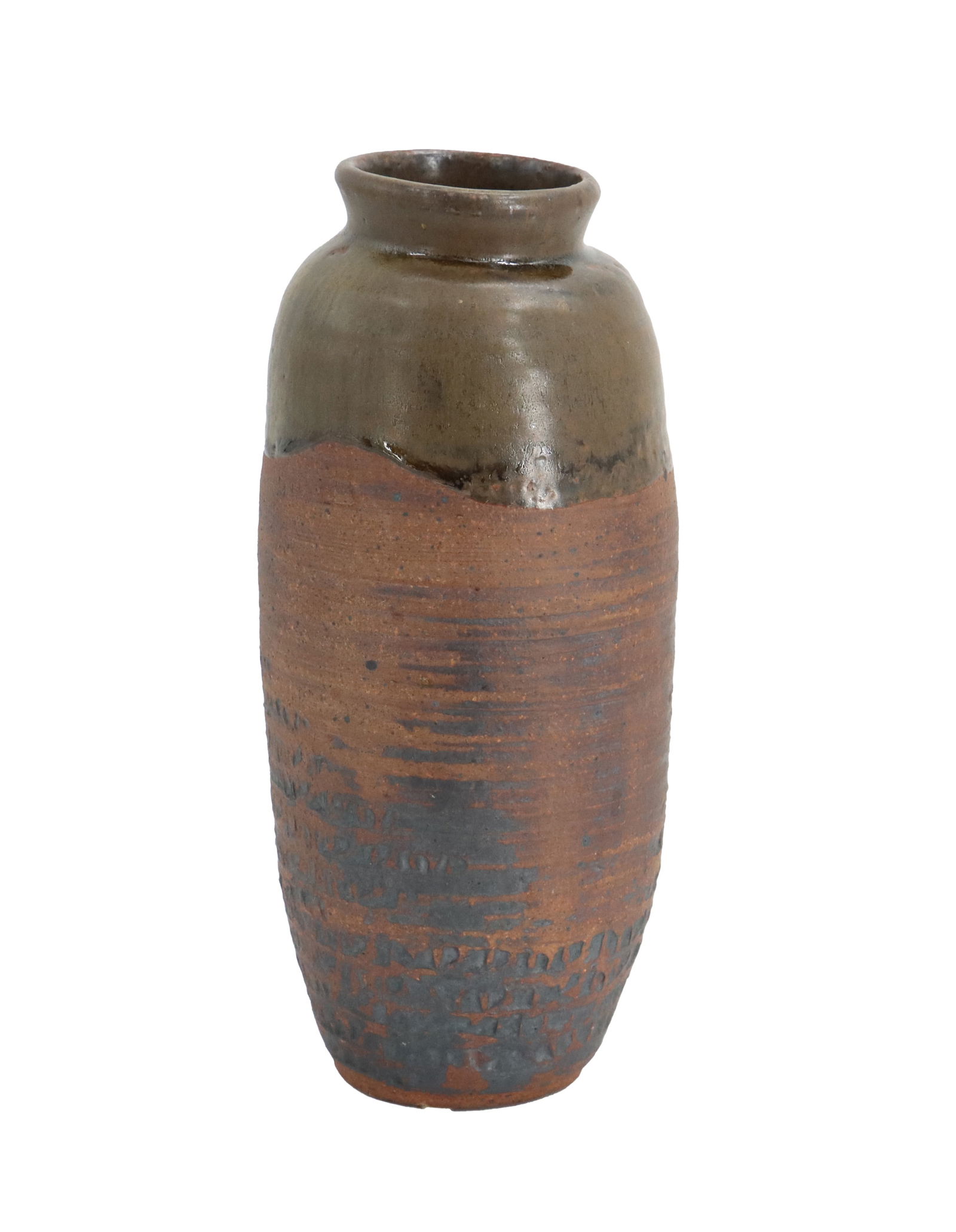 Fred Manders Mid-Century Modern Tall Pottery Vase: Fred Manders Mid-Century Modern Tall Pottery Vase. Rustic, hand-thrown stoneware vase featuring a textured, unglazed terracotta body contrasted by a dark, olive-drab drip glaze around the neck and rim
