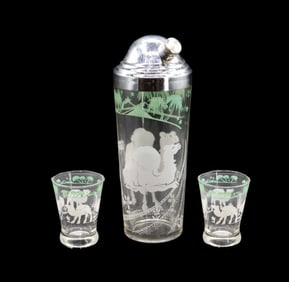 1930s Hazel-Atlas Glass "Oasis" Cocktail Shaker and (2) Shot Glasses