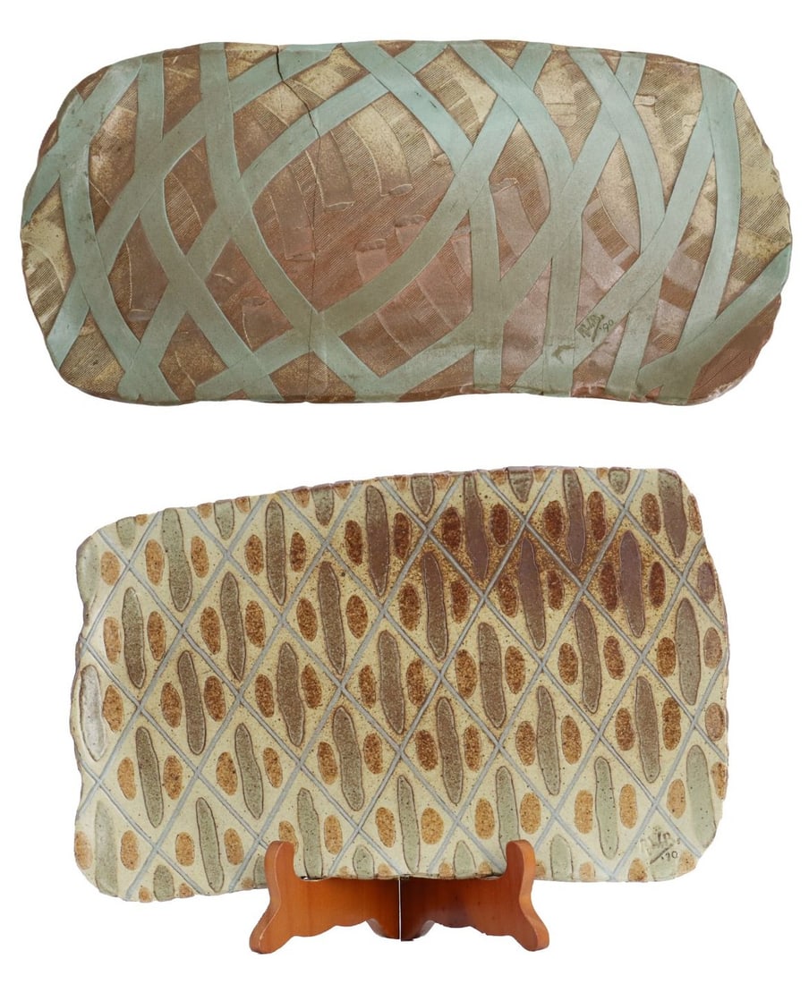 (2) 1990 Signed RWB Decorative Ceramic Dishes: (2) 1990 Signed RWB Decorative Ceramic Dishes. Handmade ceramic dishes, one with lattice design, one with diamond and ovoid decoration. Incise signature RWB, dated 1990, lower right. Small Size: 14 x