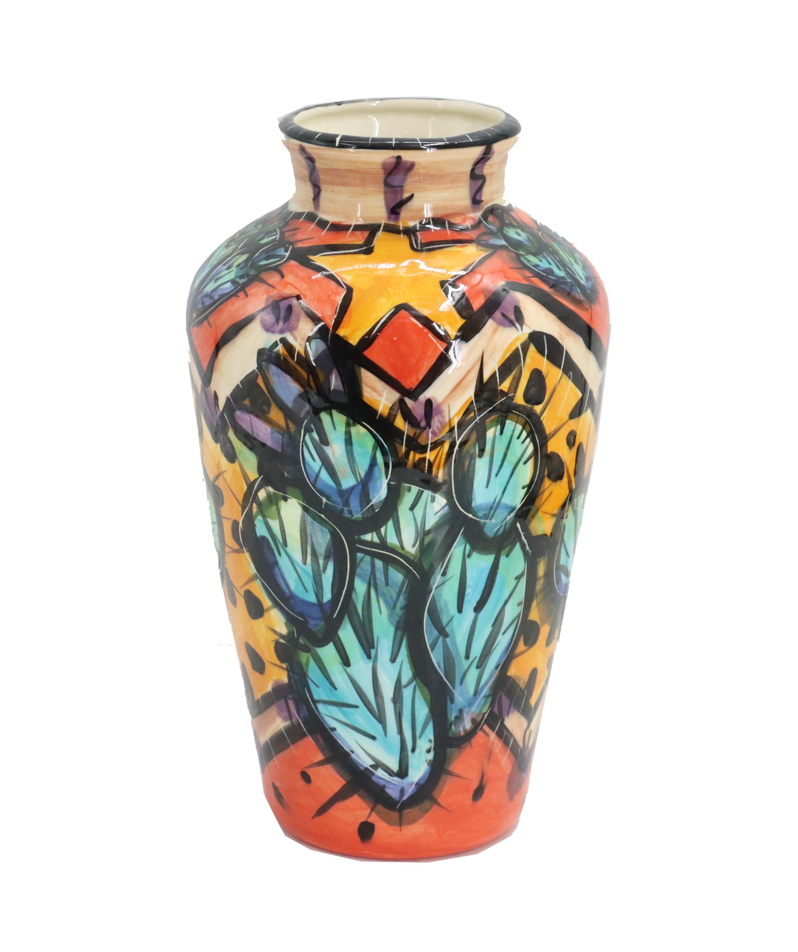 Kelly Jo Kuchar (Born 1963) American, Prickly Pear Ceramic Vase: Kelly Jo Kuchar (Born 1963) American, Prickly Pear Ceramic Vase. Signed on underside, with a label beneath that reads "TV23 Large Vase PC Prickly Pear Cactus." Size: 13 1/2 x 7 1/2 in.