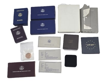 Collection of United States Mint Coin Sets and Packaging Including Uncirculated American Eagle Gold