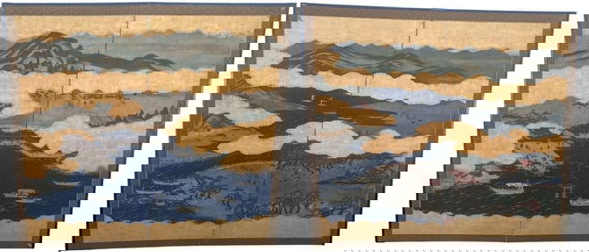 Important Meiji Period Japanese Imperial Gilded Fabric Four Panel Folding Screen Room Divider Depict