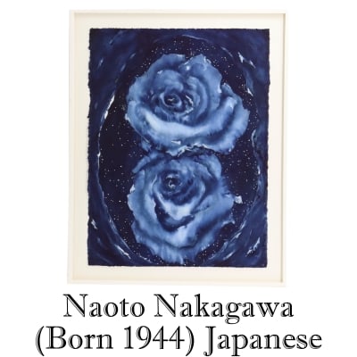 Large Naoto Nakagawa (Born 1944) Japanese, Watercolor on Paper, "Cave Rose VII": Large Naoto Nakagawa (Born 1944) Japanese, Watercolor on Paper, "Cave Rose VII". Watercolor on paper image of two large blue roses suspended in water. Acrylic glazed for preservation. Attributed verso