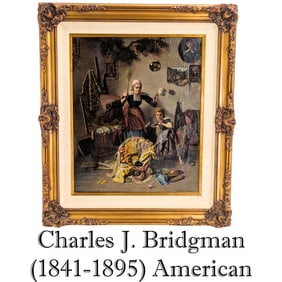 Charles J. Bridgman (1841-1895) American, Exceptional Oil on Canvas "Battledore & Shuttlecock