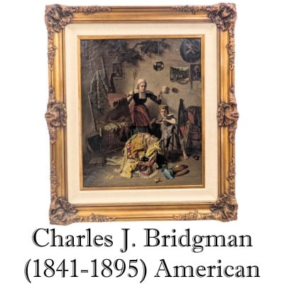 Charles J. Bridgman (1841-1895) American, Exceptional Oil on Canvas "Battledore & Shuttlecock: Charles J. Bridgman (1841-1895) American, Exceptional Oil on Canvas "Battledore & Shuttlecock (1873)". Among Charles Bridgman’s known works, the offered painting stands out as one of his finest. The