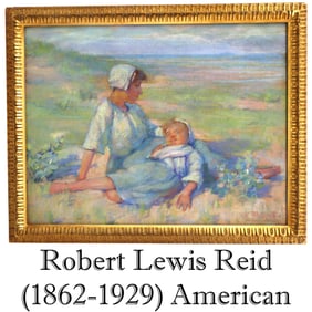 Robert Lewis Reid (1862-1929) American, Pastel on canvas Figural Landscape "Mother and Child in