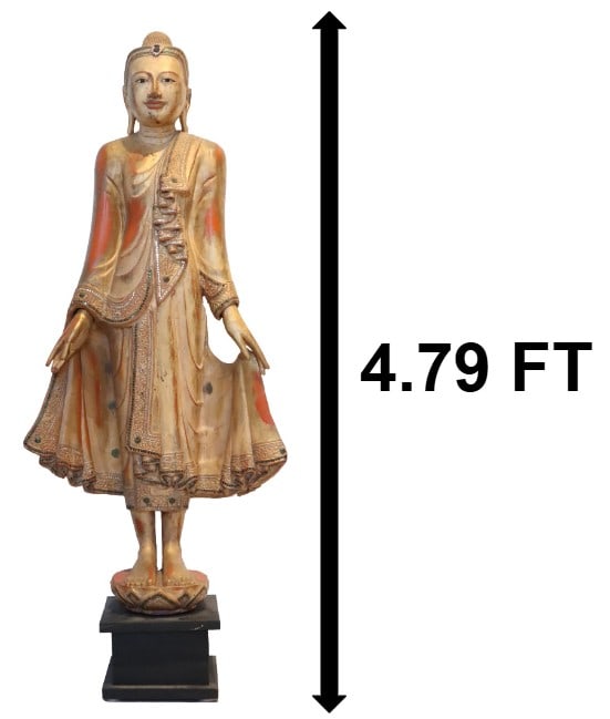 Large Antique Gilt Wood Burmese Mandalay Standing Buddha Statue - AS IS: Large Antique Gilt Wood Burmese Mandalay Standing Buddha Statue - AS IS. Bejeweled with some orange hue showing through where the gilt has rubbed away, standing on a black wooden stand. Size:&nb