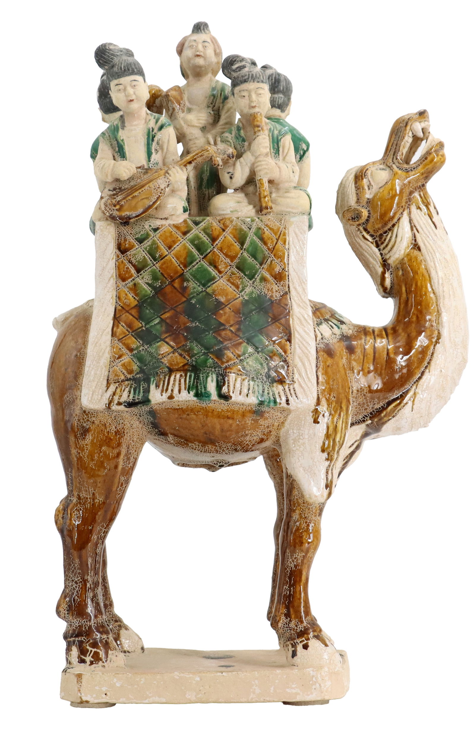Chinese Tang Style Sancai Glazed Pottery Camel with Passengers Statue: Chinese Tang Dynasty Sancai Glazed Pottery Camel with Passengers Statue. This unique piece includes a platform carried on the back with a group of five musicians playing their instruments, indica