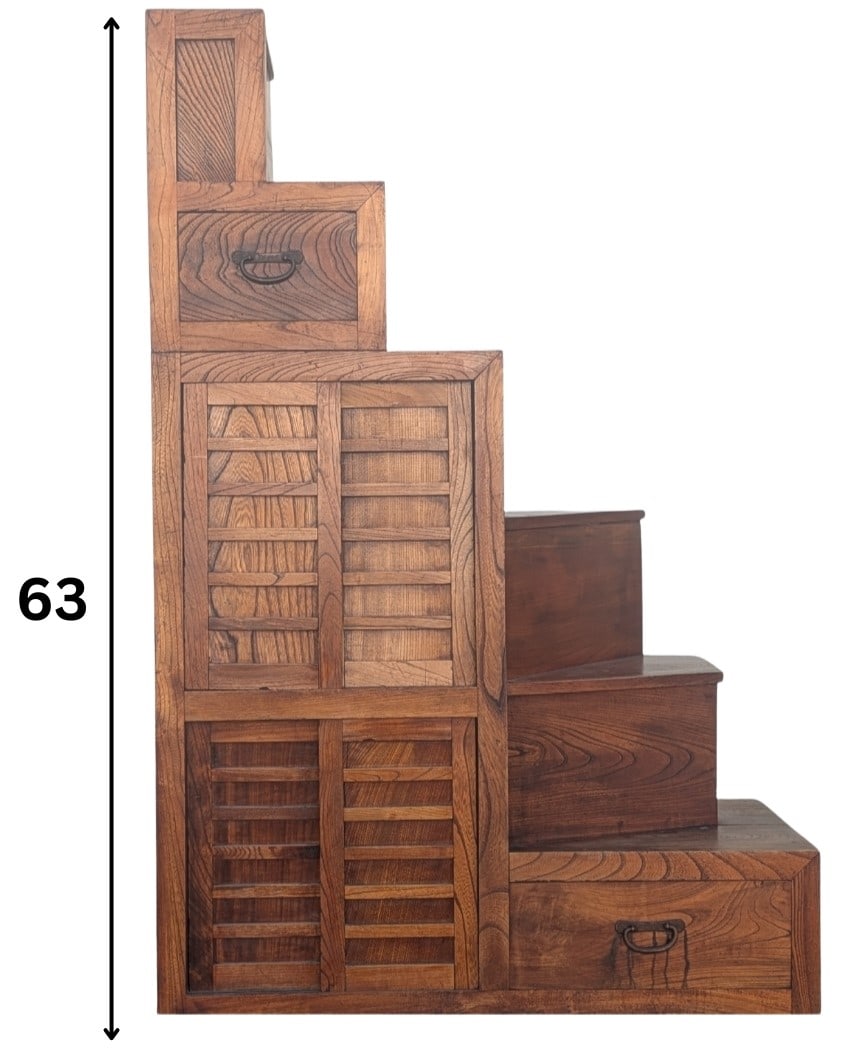 Rare Vintage Japanese Keyaki Wood Kaidan-Dansu Step Chest: Rare Japanese Keyaki Wood Kaidan-Dansu Step Chest. More aesthetic style than purely functional, with two drawers, two chests with sliding doors, and two twisting steps in the middle that are purely st