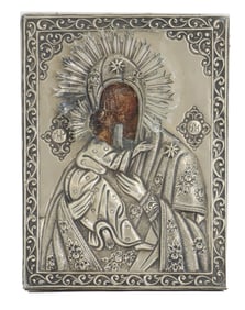 19th Century Russian Orthodox Silver Icon, Virgin of Vladimir