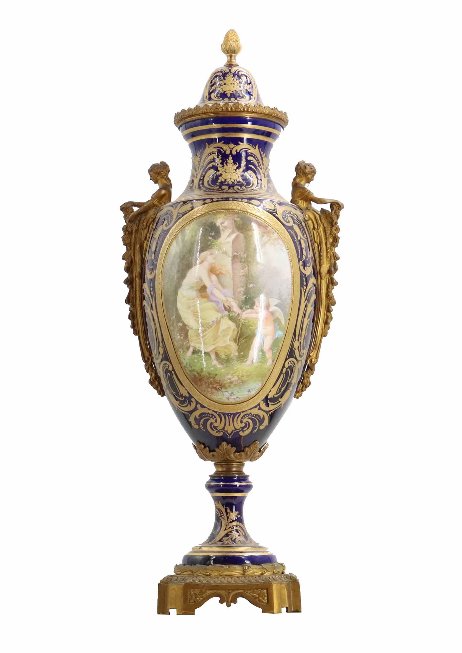 Important Cobalt French Sevres Gilt Porcelain and Bronze Urn: Important Cobalt French Sevres Gilt Porcelain and Bronze Urn. Monumental 18th Century Sevres Porcelain Urn. Stunning cobalt base color painted with fantastic pastoral scenes and decorated in incredibl