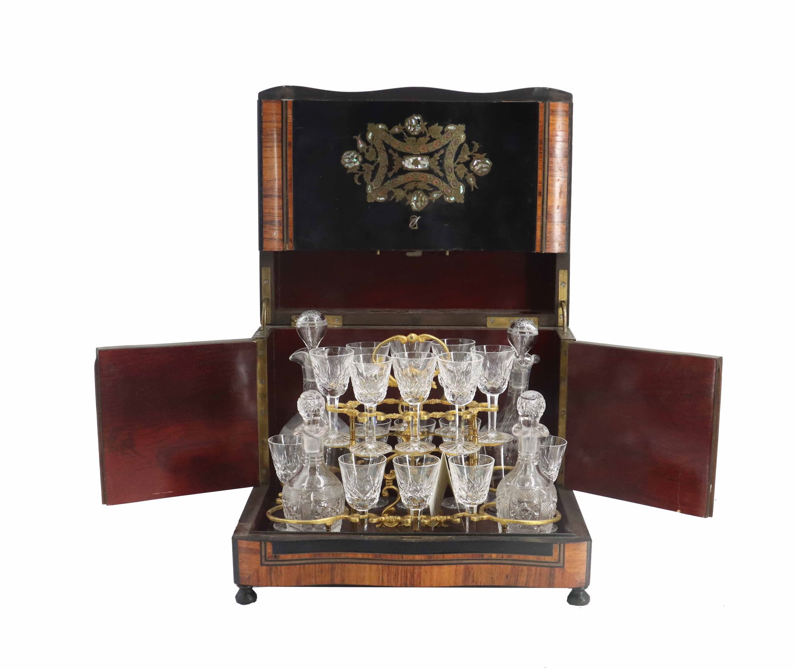 Antique French Tantalus with Mother of Pearl Inlay and Brass Accents (1 of 18)