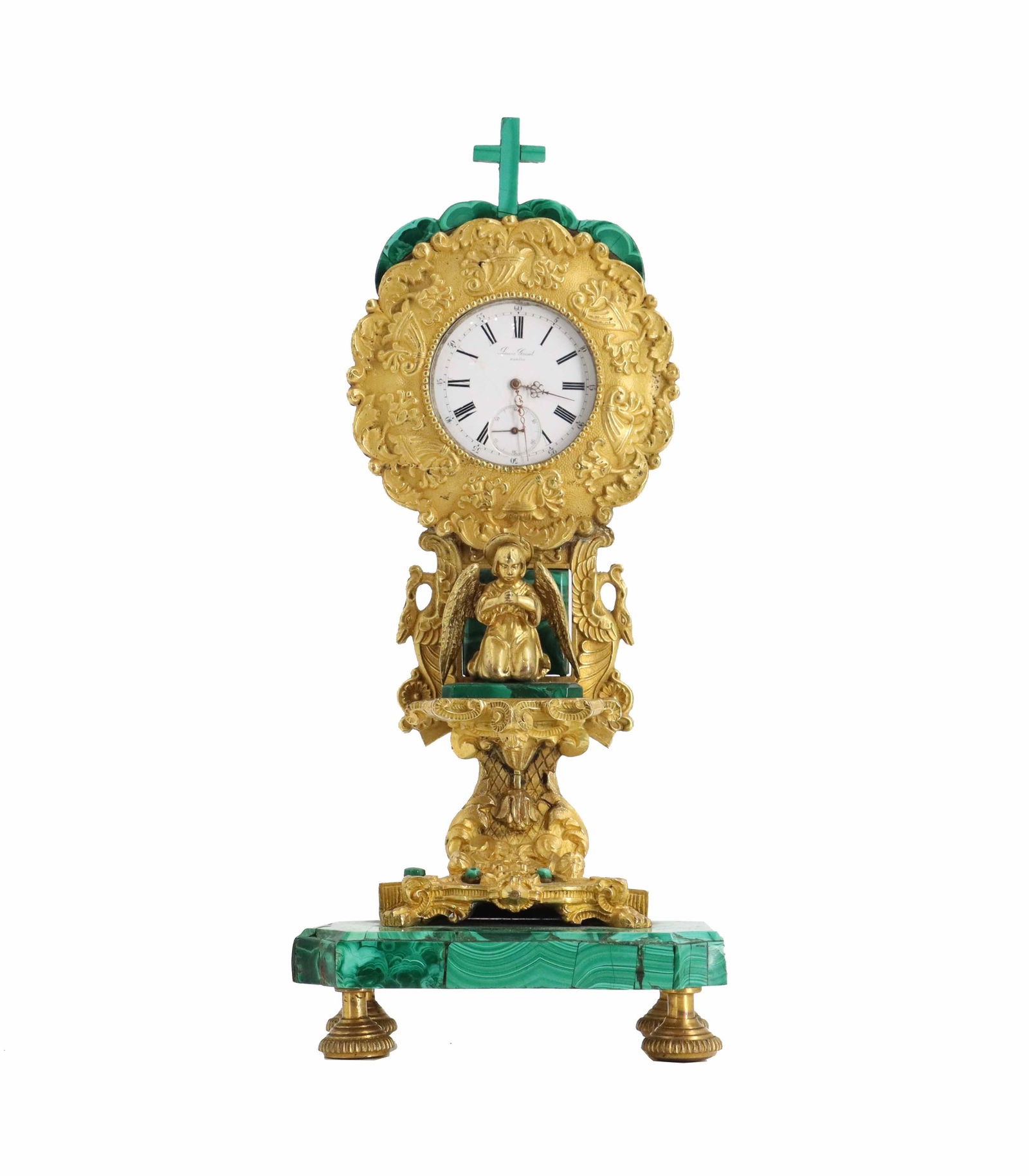 Exceptional French Malachite and Gilt Bronze Clock: Malachite and Gilt Metal Figural Mantle Clock. A decorative mantle clock featuring a malachite base and gilt metal ornamentation. The clock face is surrounded by an ornate gilt frame, topped with