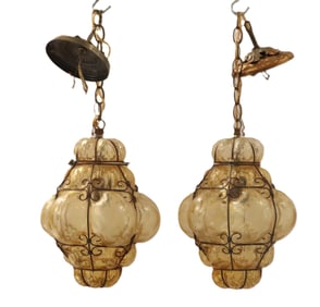 (2) Spanish Murano-Style Blown Amber Glass Lamps