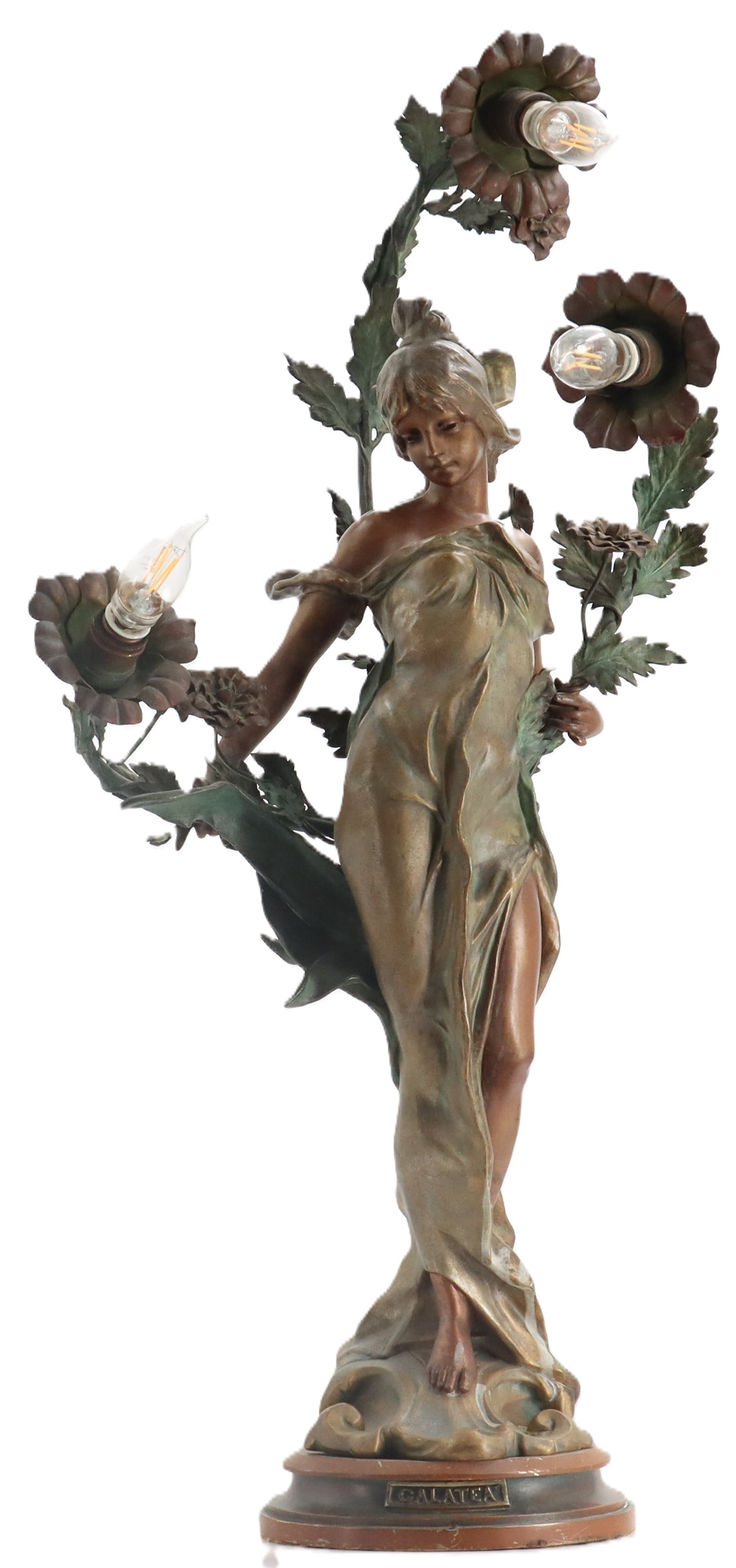 Vintage Art Nouveau Bronze Figural Newel Post Lamp "Galatea": Vintage Art Nouveau Bronze Figural Newel Post Lamp "Galatea". Ornate Art Nouveau-style table lamp, titled "Galatea," features a bronze-finished sculpture of a gracefully drape