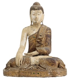 Antique Burmese Polychrome and Bejeweled Wooden Buddha Statue - AS IS