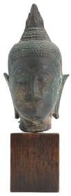 Thai Bronze Sukhothai Buddha Head Mounted on Wooden Base