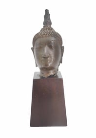 Antique Thai Bronze U Thong Style Ayutthaya Buddha Head on Wood Base