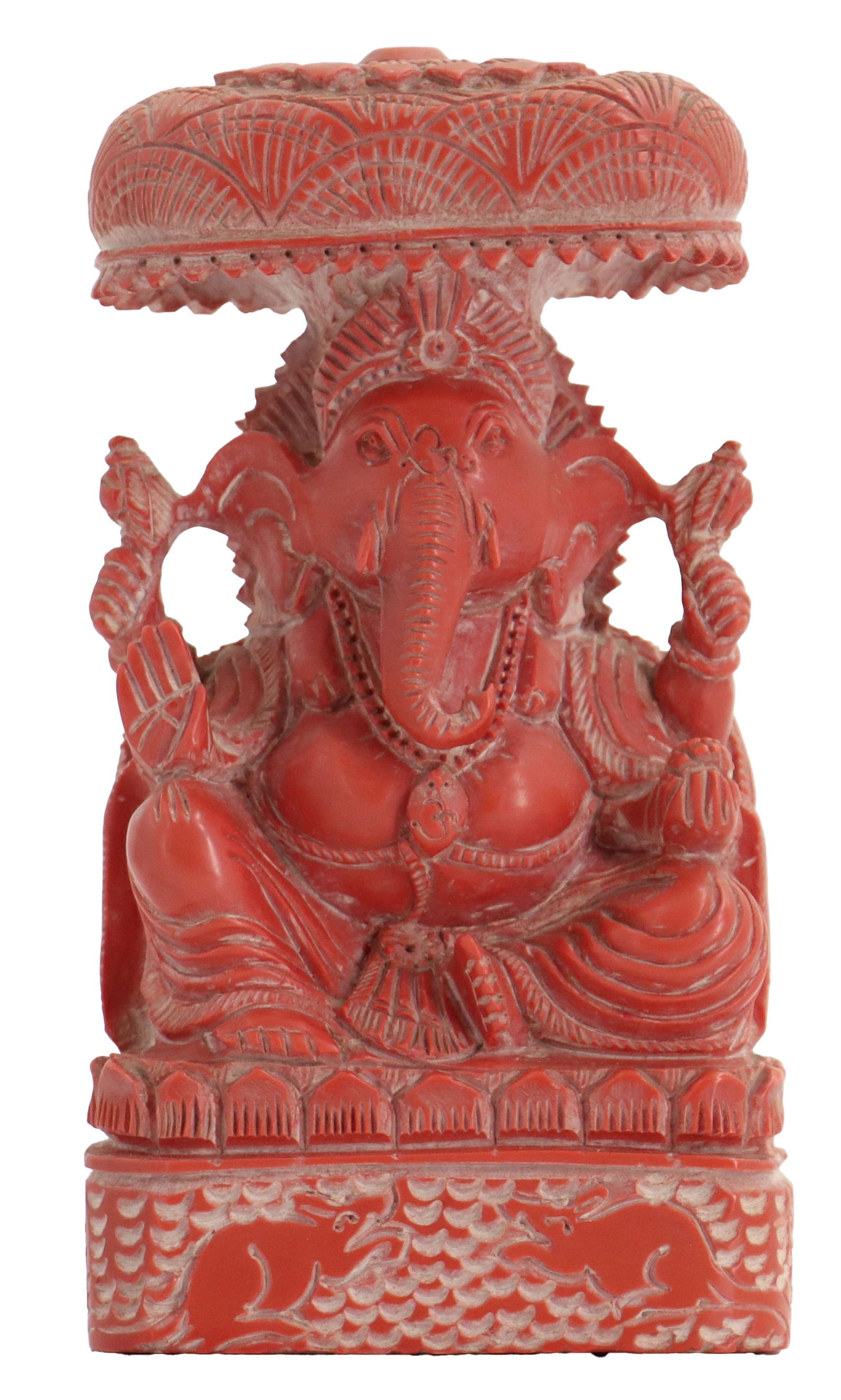 Extremely Fine Indian Hindu Painted Marble Devotional Sculpture of Ganesh: Extremely Fine Indian Hindu Painted Marble Devotional Sculpture of Ganesh. Exceptionally fine detail of seated ganesh at his throne finished on the back side, a detail rarely scene. Size: 2 x 3 x