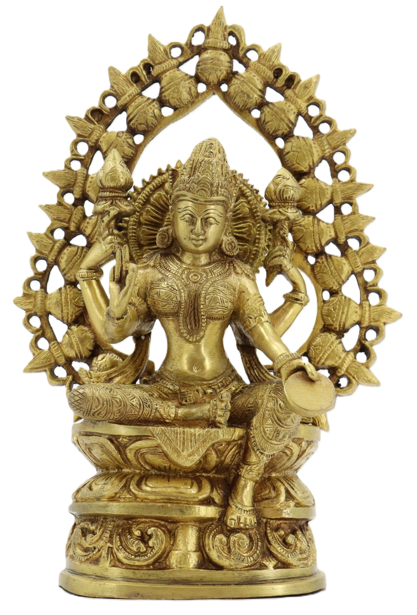 19th Century Nepalese Gilt Bronze Statue of Lakshmi: 19th Century Nepalese Gilt Bronze Statue of Lakshmi. Bronze statue depicting the goddess Lakshmi seated on plinth, surrounded by radiant corona. Lakshmi is a revered Hindu goddess of wealth, pro