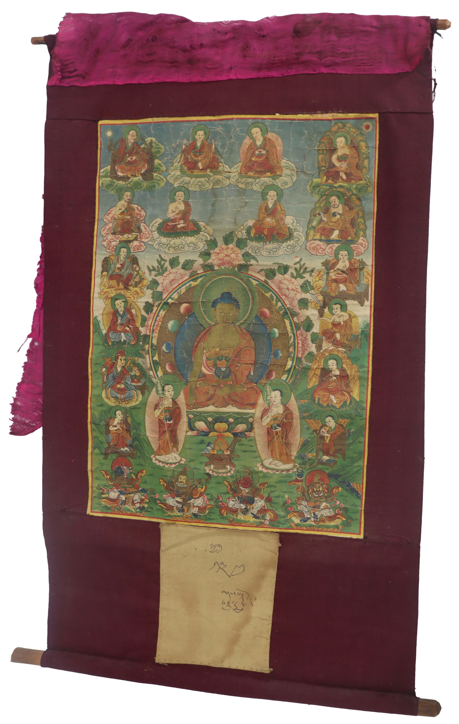 Antique Tibetan Shakyamuni Buddhist Hanging Thangka: Antique Tibetan Shakyamuni Buddhist Hanging Thangka. Indistinct Hindi script is scrawled on a cloth on the front as well as the back. Size With String: 14 x 26 7/8 in. Size Witho