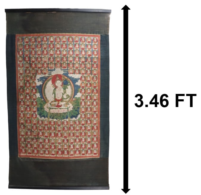 Antique Tibetan Buddhist White Tara Pigment on Cloth Thangka: Antique Tibetan Buddhist White Tara Pigment on Cloth Thangka. The central seated figure is repeated countless times around them in the same exact pose, indicating the exponential benefits of developin