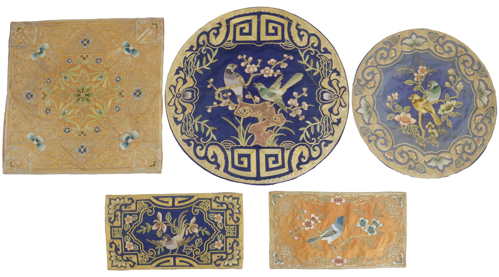 (5) Antique Chinese Silk Embroidered Textiles: (5) Antique Chinese Silk Embroidered Textiles. Each of the rectangular/square pieces has a label attached with Chinese kanji and the name "Golden Cloud" along with a number on it. The two ci