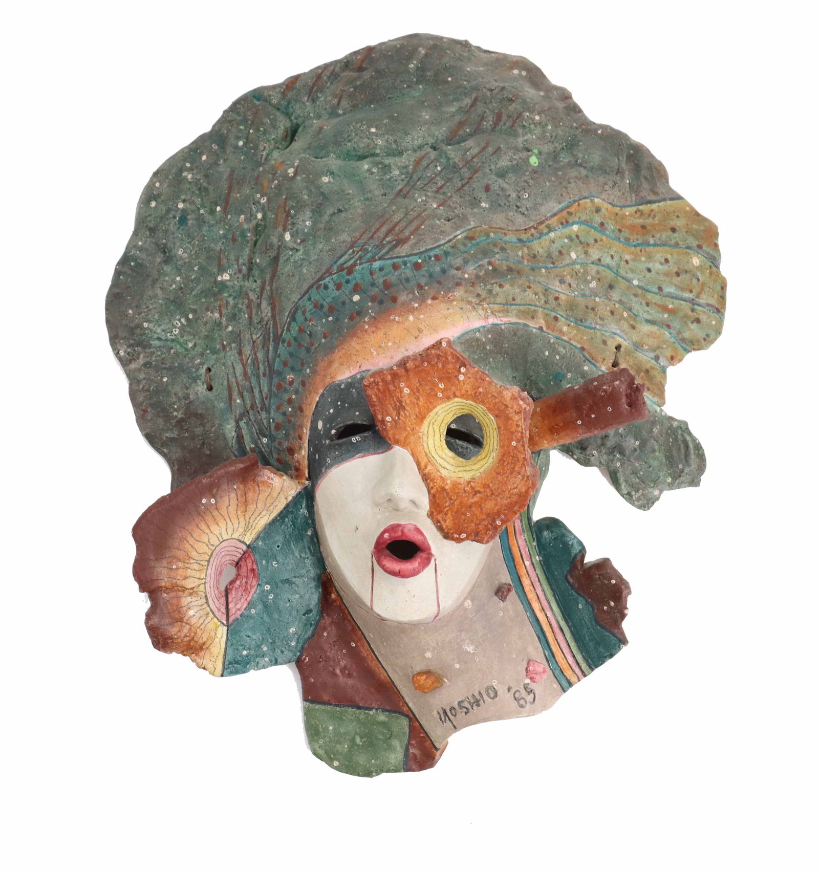 Yoshio Taylor "Mitoshi" Ceramic Mask: Yoshio Taylor "Mitoshi" Ceramic Mask. Titled, signed, and dated 1985 on the back. Provenance: Peter Klipstas acquired from the Dorothy Weiss Gallery in San Francisco in 1985. Siz