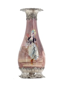 French Limoges Silver & Enameling Over Copper Vase Depicting a High Society Woman