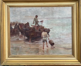 Sidney Armer (1871-1962) American, 1899 Oil Painting of Fisherman Unloading Their Catch in Monterey